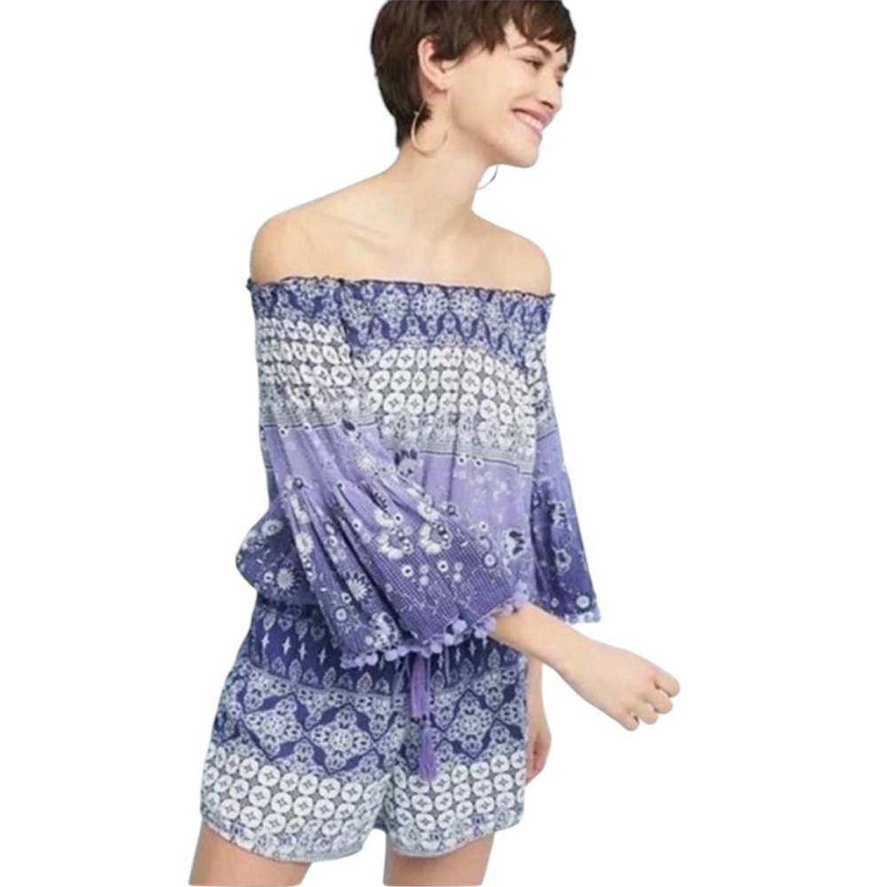 Anthropologie Raga Mazo Pom Pom Fringed Off Shoulder Romper